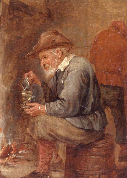 An old man sitting by the fire,pouring with into a roemer